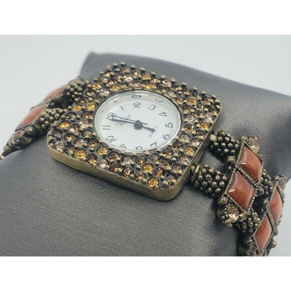 Vintage Felicia Crystal Accented Bronzetone Stretch Watch -NOS Unworn Timepiece - Picture 3 of 6